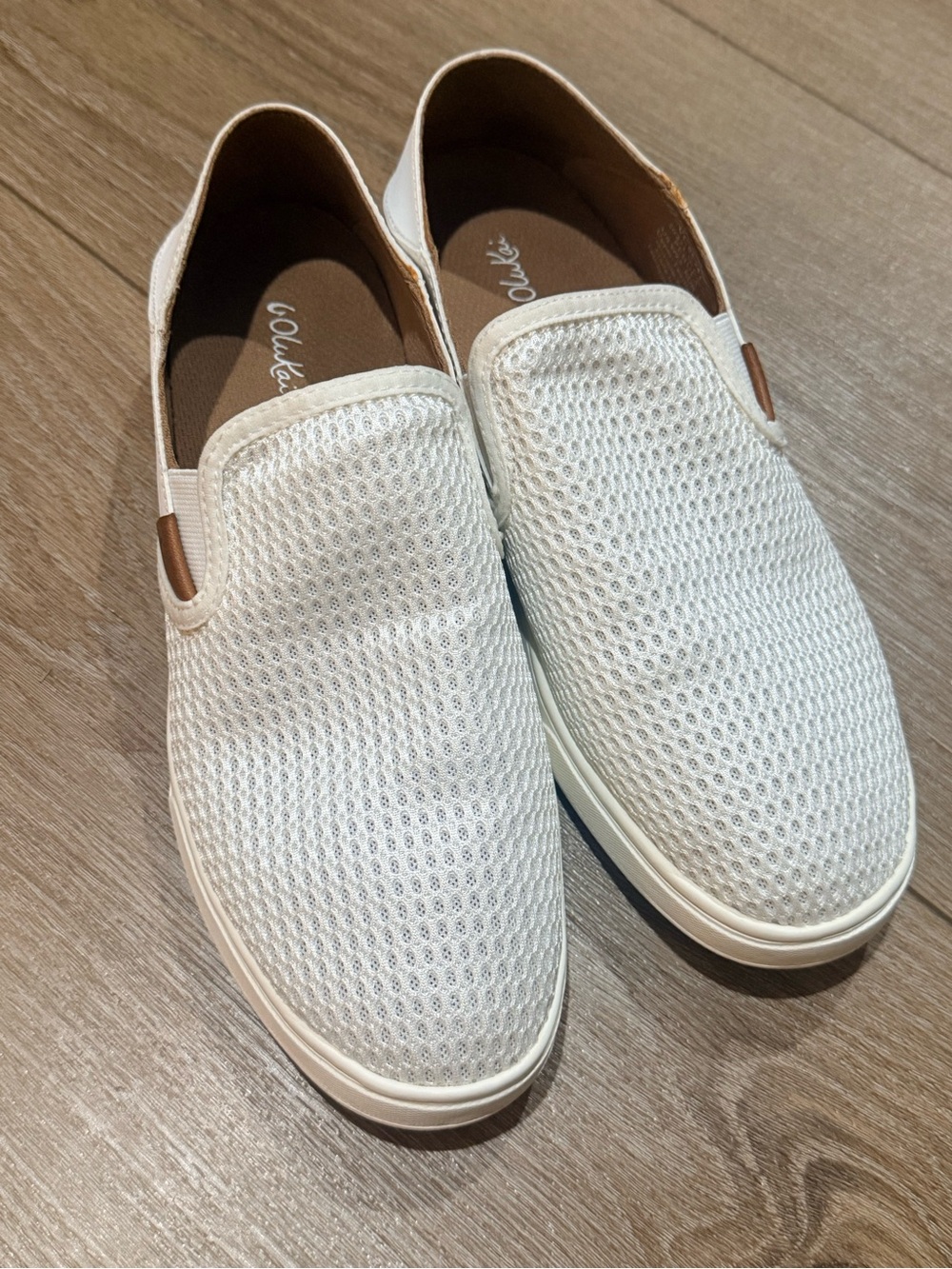 OluKai Women’s Slip-On Mesh Loafers in White with Brown Accents